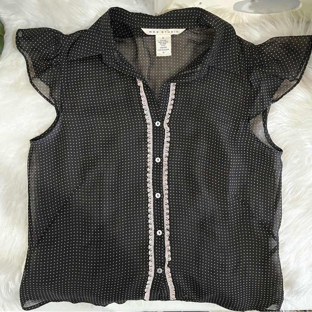 NEW Max Studio Silk Polka Dot Lace Trim Flutter Cap Sleeve Sheer Blouse S NWOT - Picture 9 of 16